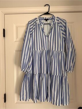 J. Crew Blue and White Striped Ruffle-Neck Dress
